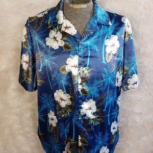 Hotouch Men's Blue Tropical Floral&Palm Tree Print Hawaii Shirt Siz L